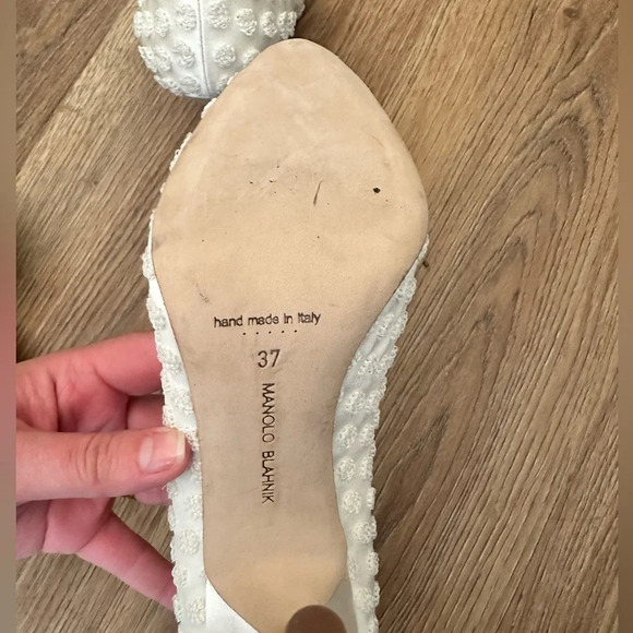 Manolo Blahnik Hangisi Cream Textured Polka Dot Crystal Wedding Heels - Picture 10 of 11